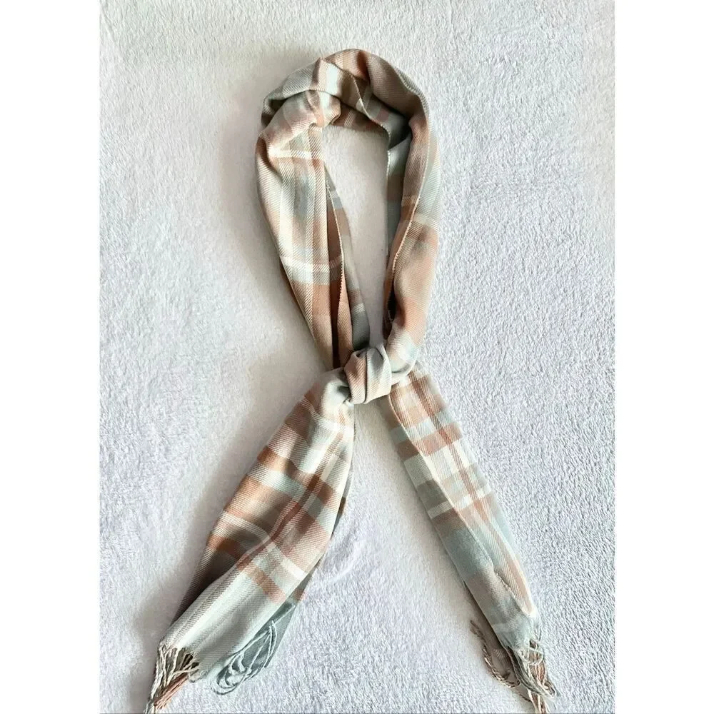 Light blue and light brown plaid soft scarf